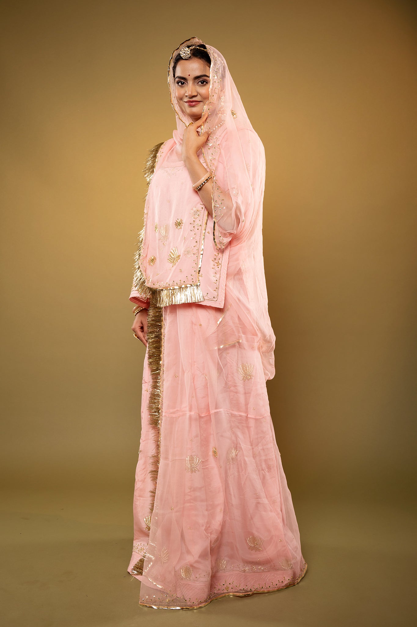 peach pink Crepe zardozi handwork rajputi Poshak  with Pure odhna