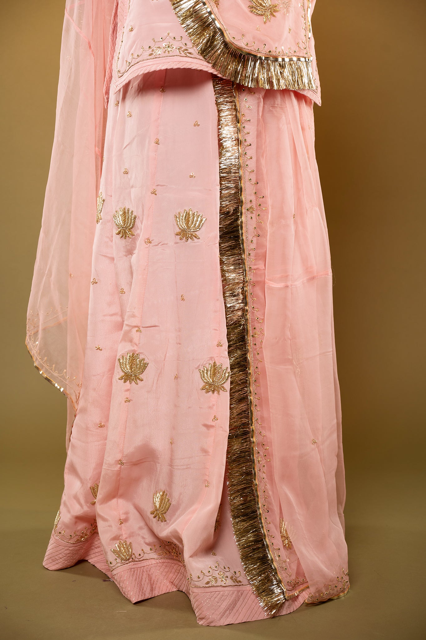peach pink Crepe zardozi handwork rajputi Poshak  with Pure odhna