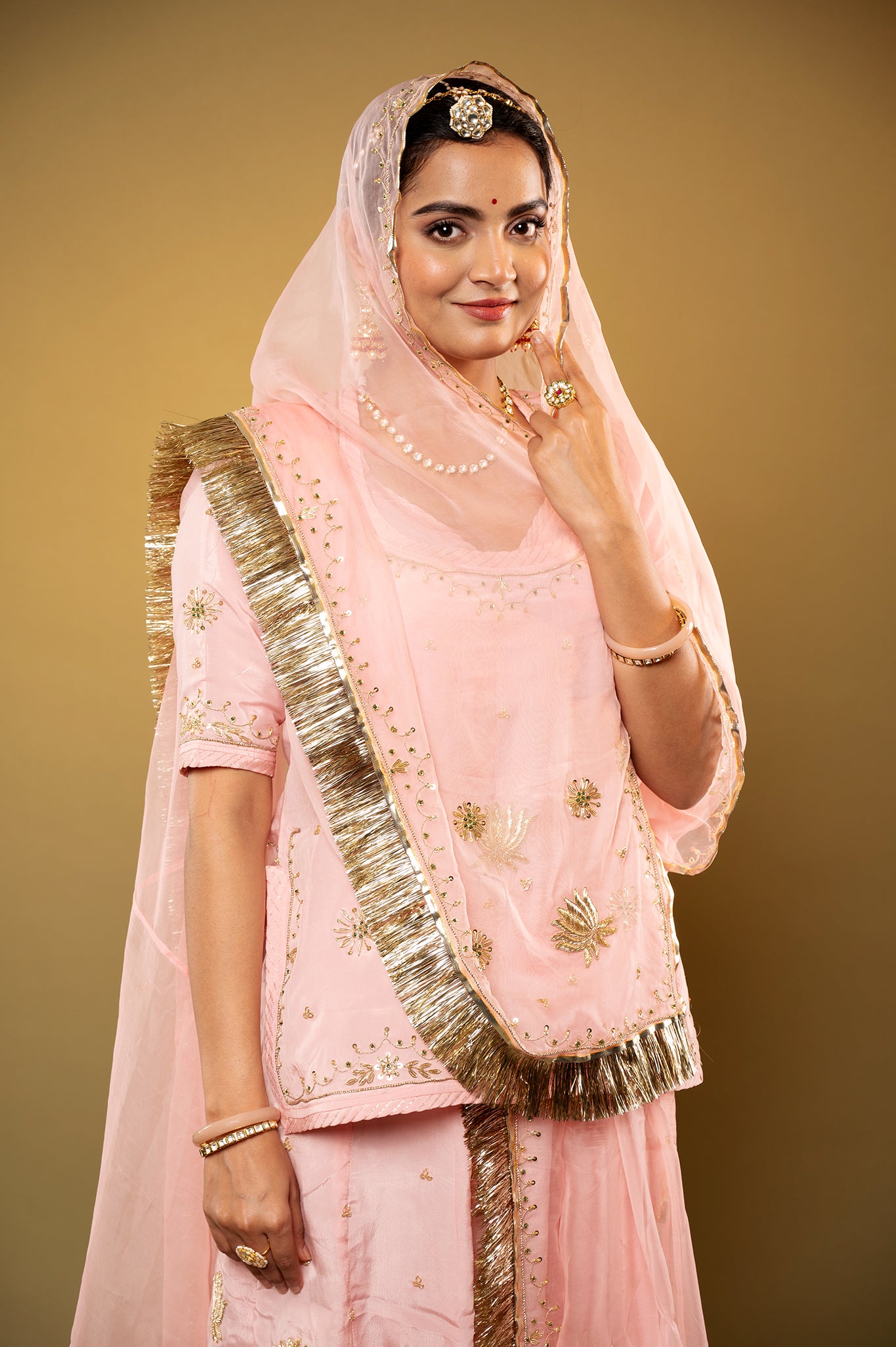 peach pink Crepe zardozi handwork rajputi Poshak  with Pure odhna