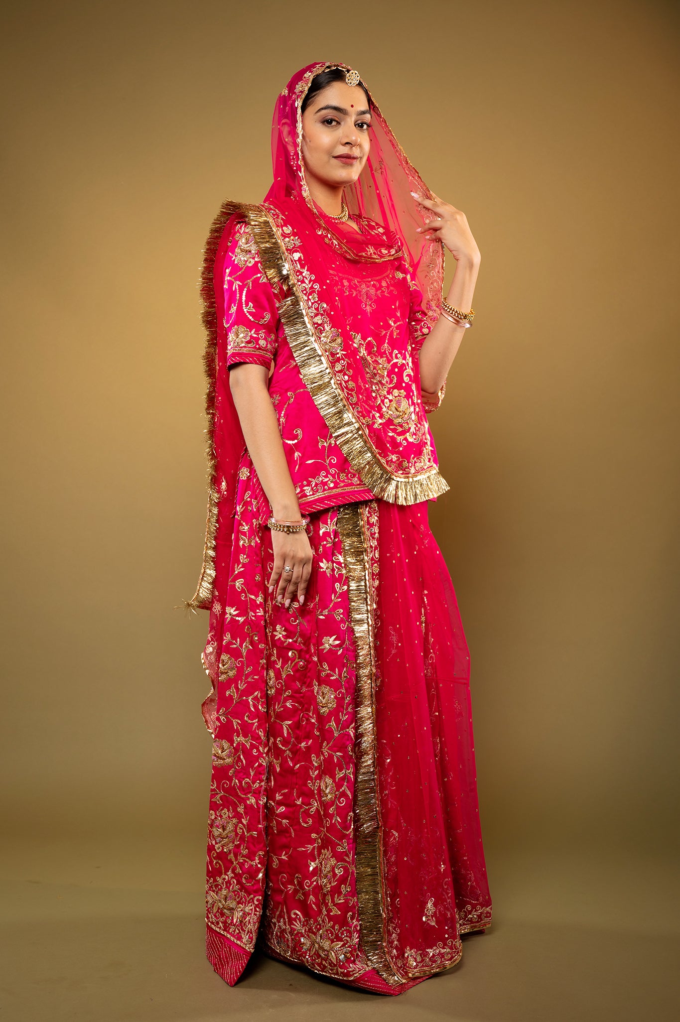 Red Magenta Bamber Satin zardozi handwork rajputi Poshak  with Pure odhna