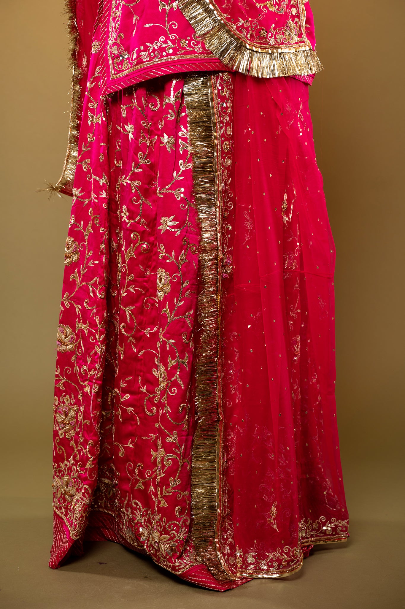 Red Magenta Bamber Satin zardozi handwork rajputi Poshak  with Pure odhna