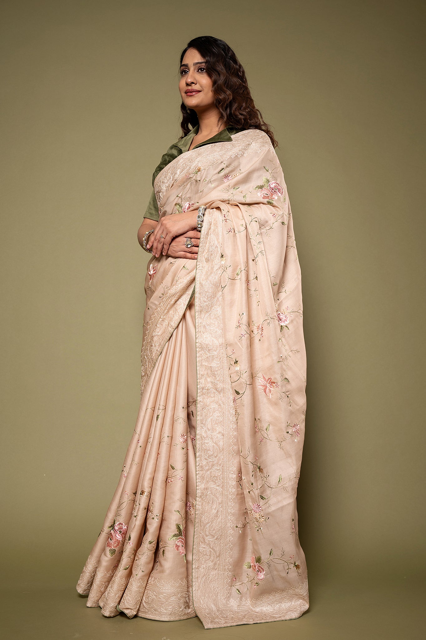 Cream  Tashar silk resham jaal handwork saree