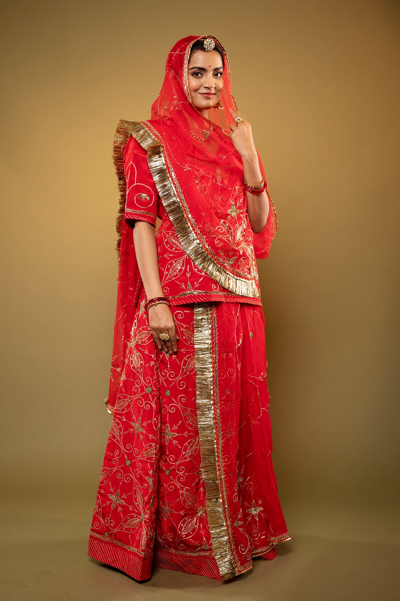 red Crepe aari sequins handwork rajputi Poshak  with Pure odhna
