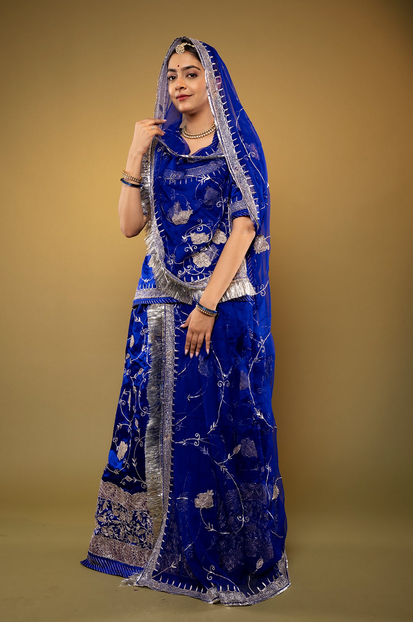 Royal Blue Pure Silk Satin chanderi handwork rajputi Poshak  with Pure odhna