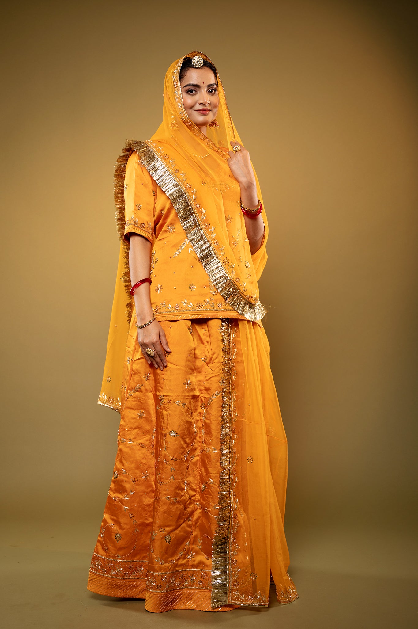 yellow bamber satin zardozi handwork rajputi Poshak  with Pure odhna