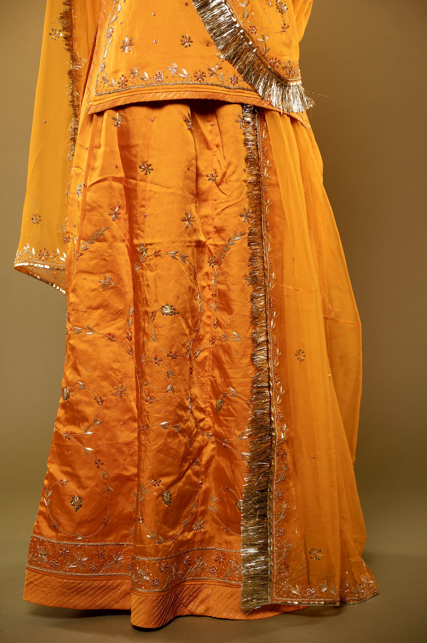 yellow bamber satin zardozi handwork rajputi Poshak  with Pure odhna
