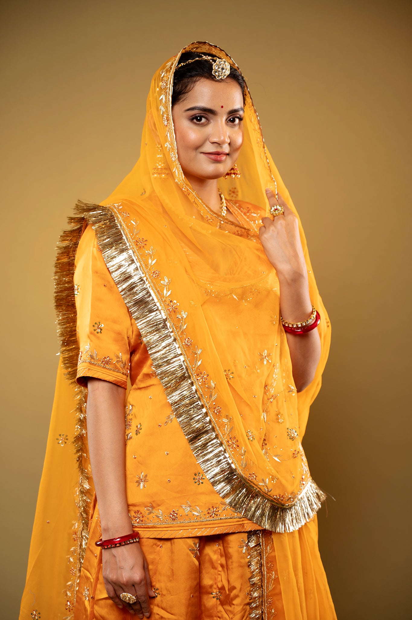 yellow bamber satin zardozi handwork rajputi Poshak  with Pure odhna