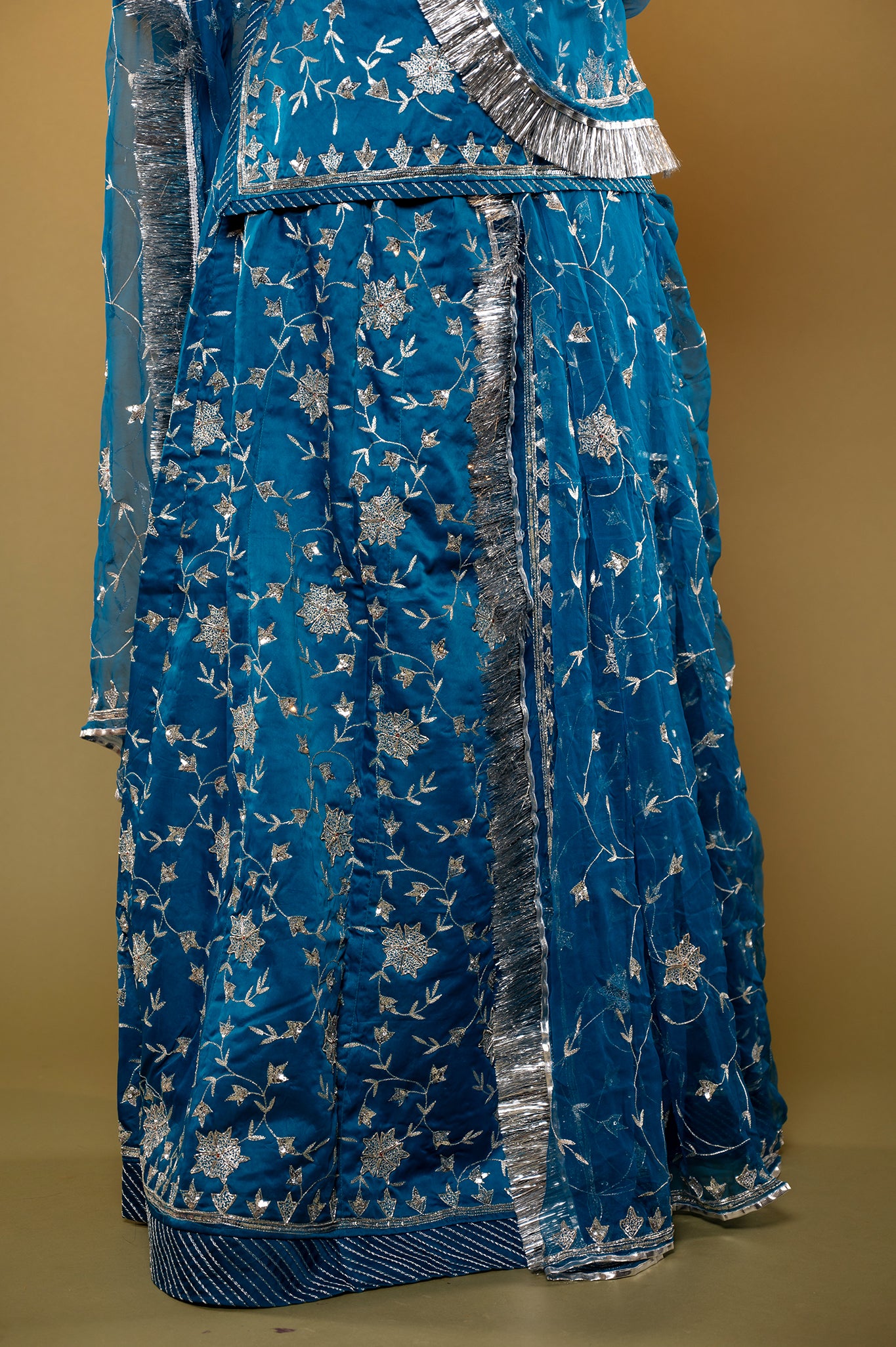blue bamber satin aari sequins zardozi handwork rajputi Poshak  with Pure odhna