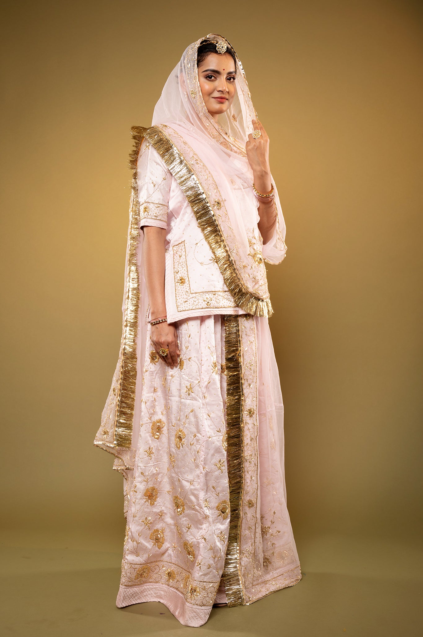 baby pink bamber satin zardozi handwork rajputi Poshak  with Pure odhna