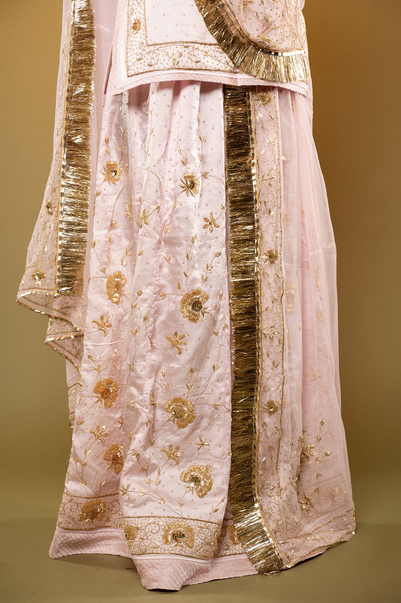 baby pink bamber satin zardozi handwork rajputi Poshak  with Pure odhna
