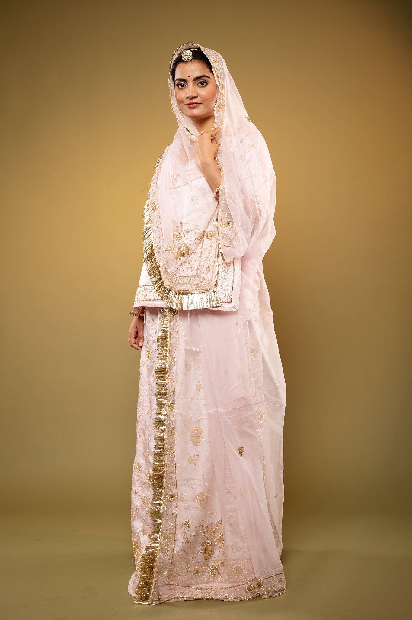 baby pink bamber satin zardozi handwork rajputi Poshak  with Pure odhna