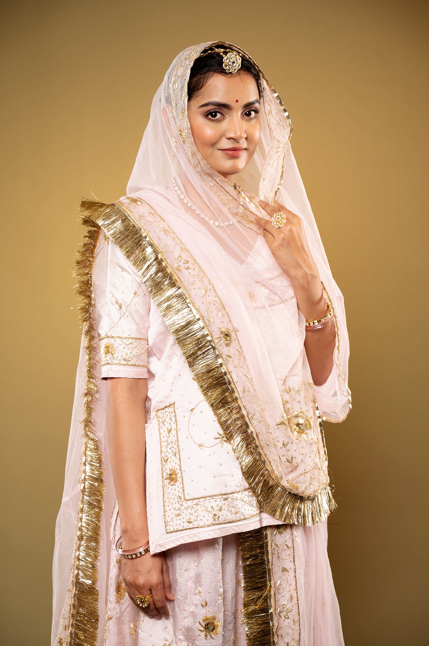 baby pink bamber satin zardozi handwork rajputi Poshak  with Pure odhna