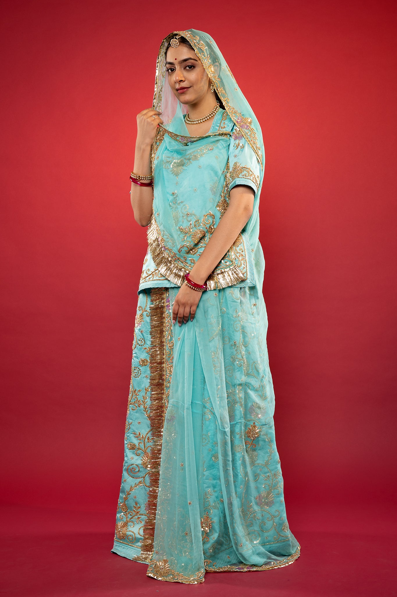 Sky blue bamber satin zadozi handwork rajputi Poshak  with Pure odhna