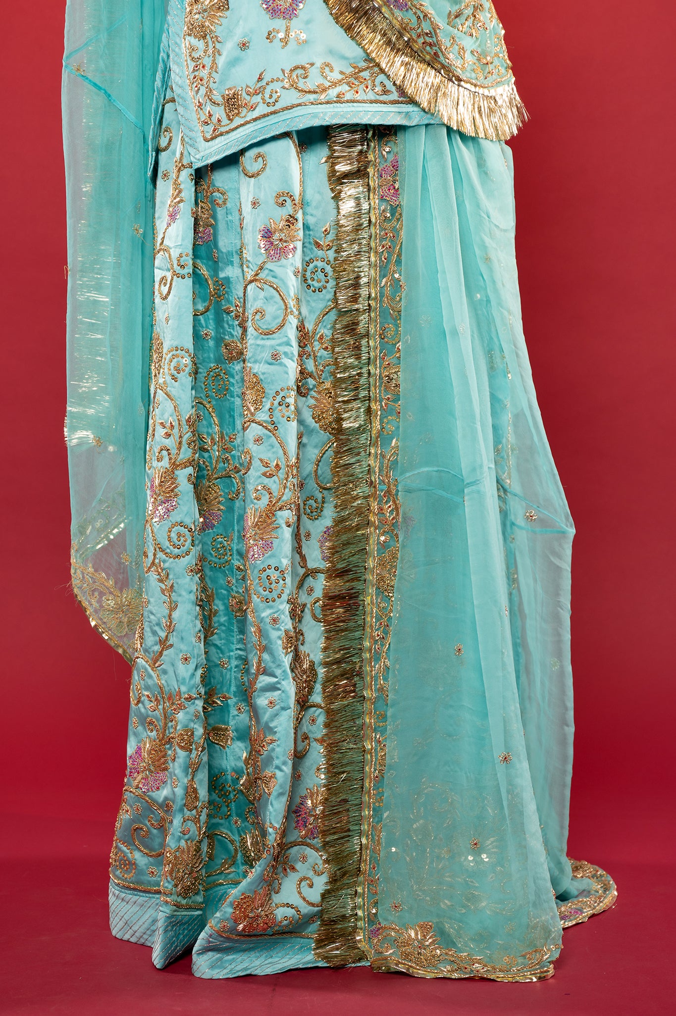 Sky blue bamber satin zadozi handwork rajputi Poshak  with Pure odhna