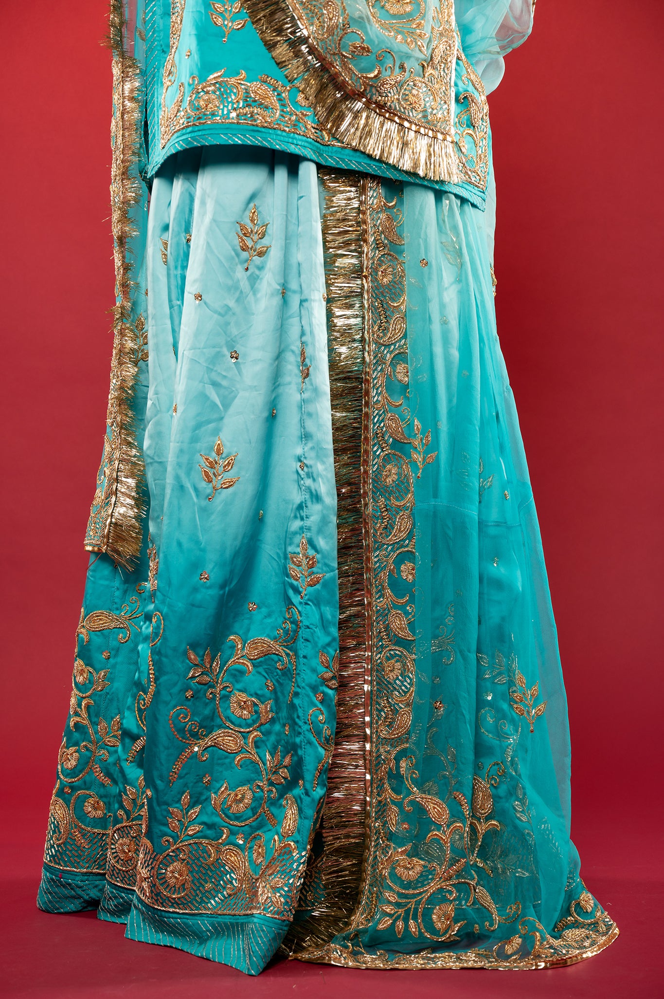 Sky blue light dark bamber Satin zardozi handwork rajputi Poshak  with Pure odhna