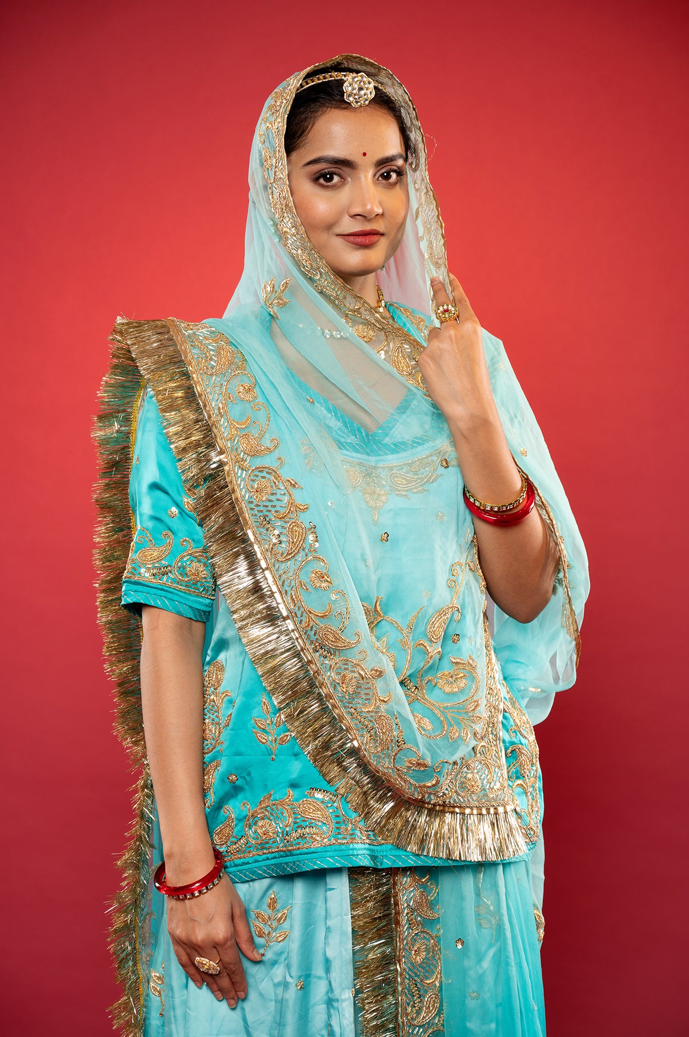 Sky blue light dark bamber Satin zardozi handwork rajputi Poshak  with Pure odhna