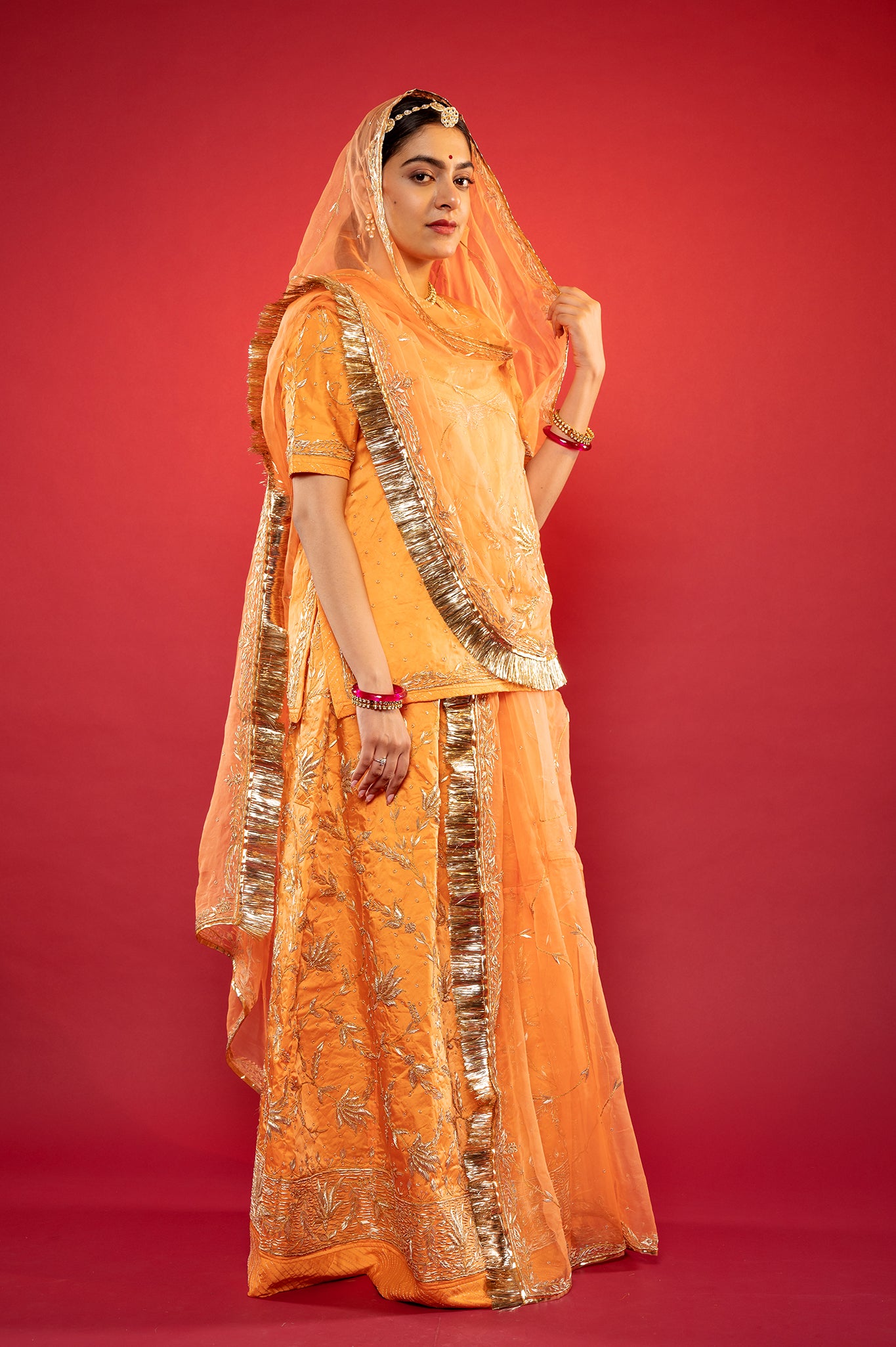 Peach Bamber Satin zardozi handwork rajputi Poshak  with Pure odhna