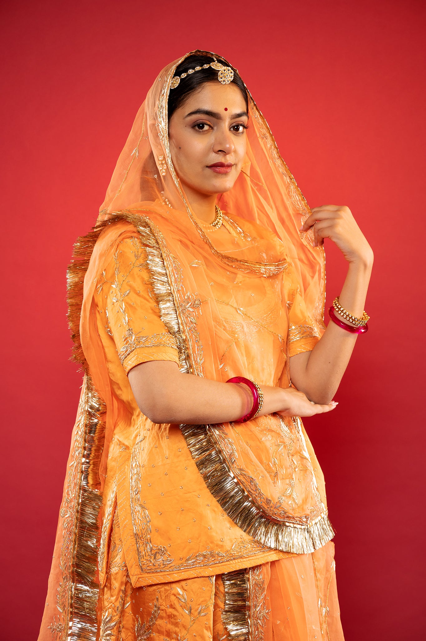 Peach Bamber Satin zardozi handwork rajputi Poshak  with Pure odhna