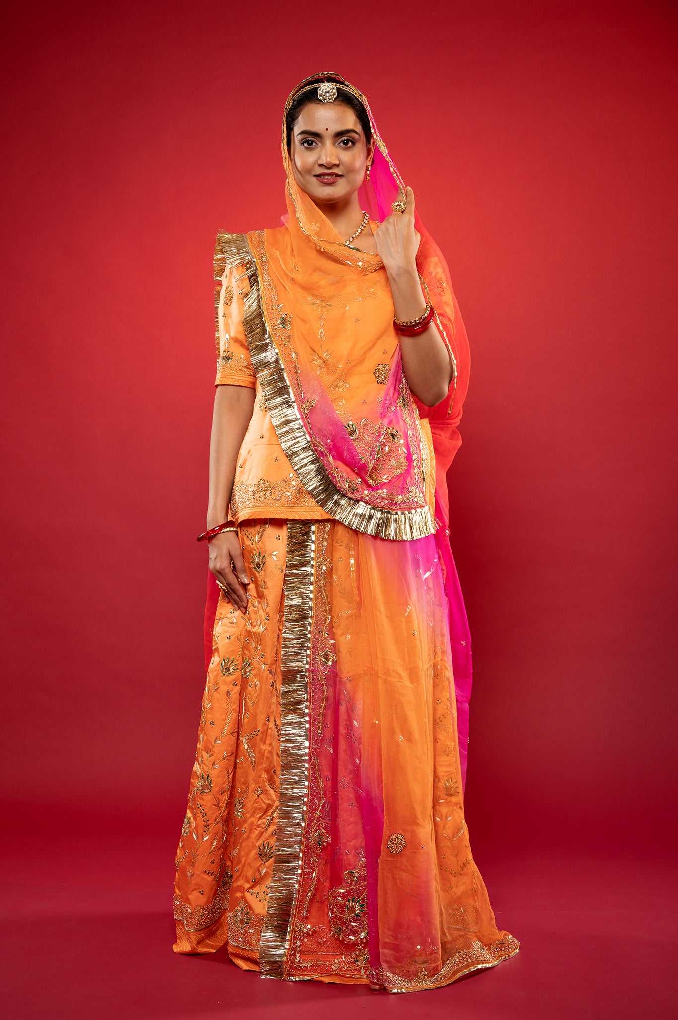 Peach Bamber Satin Zardozi handwork rajputi Poshak  with Pure odhna