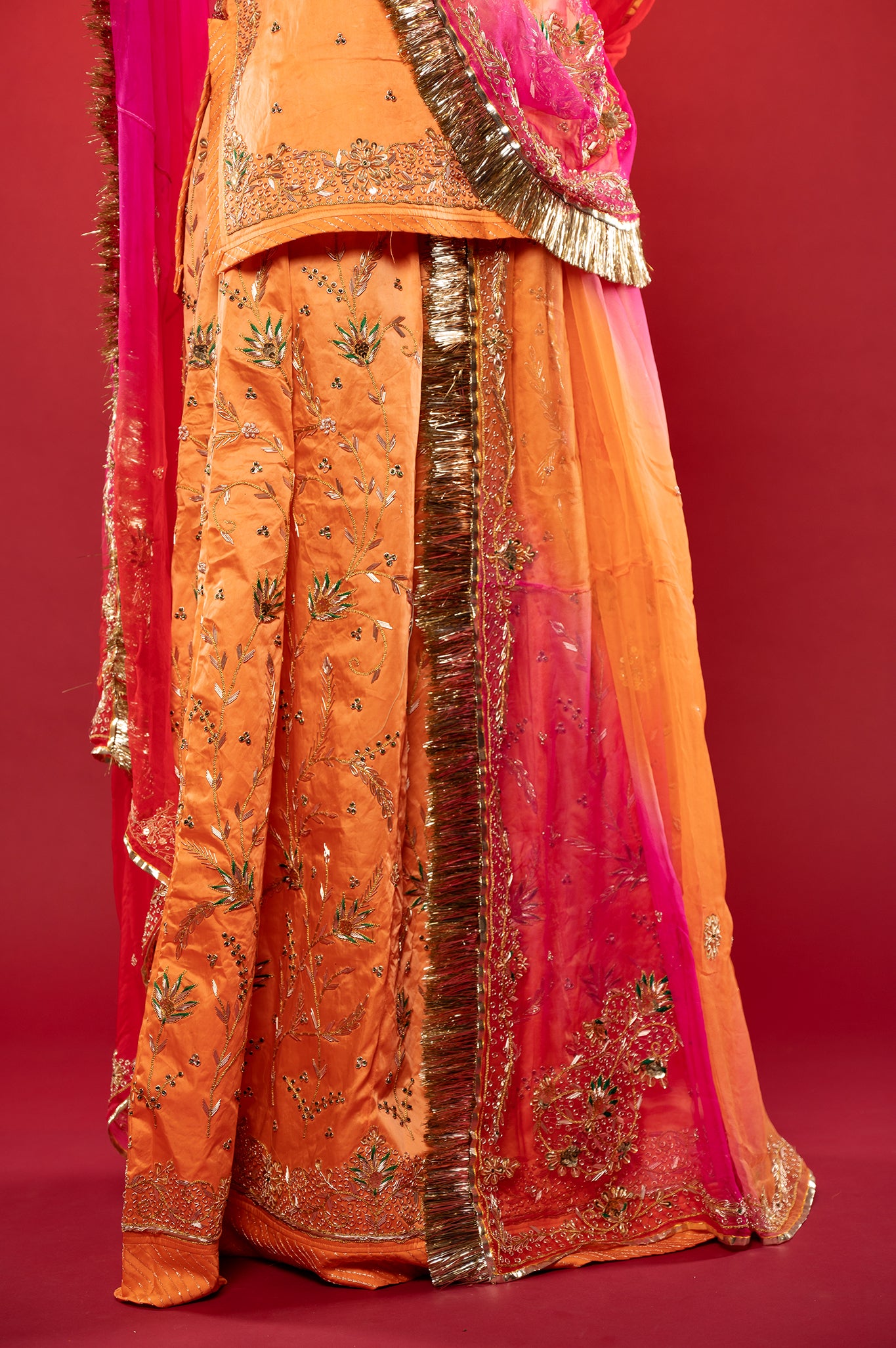 Peach Bamber Satin Zardozi handwork rajputi Poshak  with Pure odhna