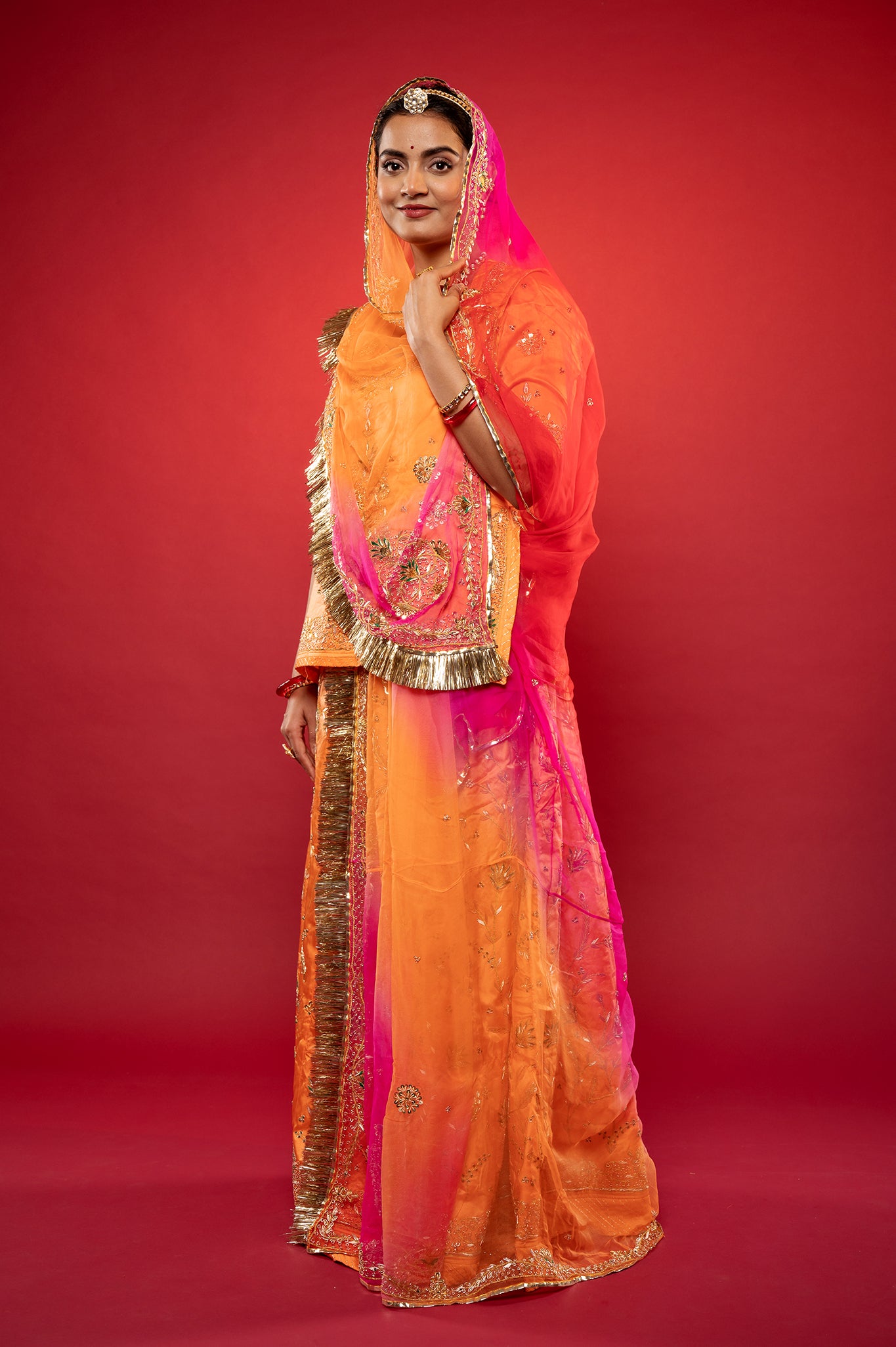 Peach Bamber Satin Zardozi handwork rajputi Poshak  with Pure odhna