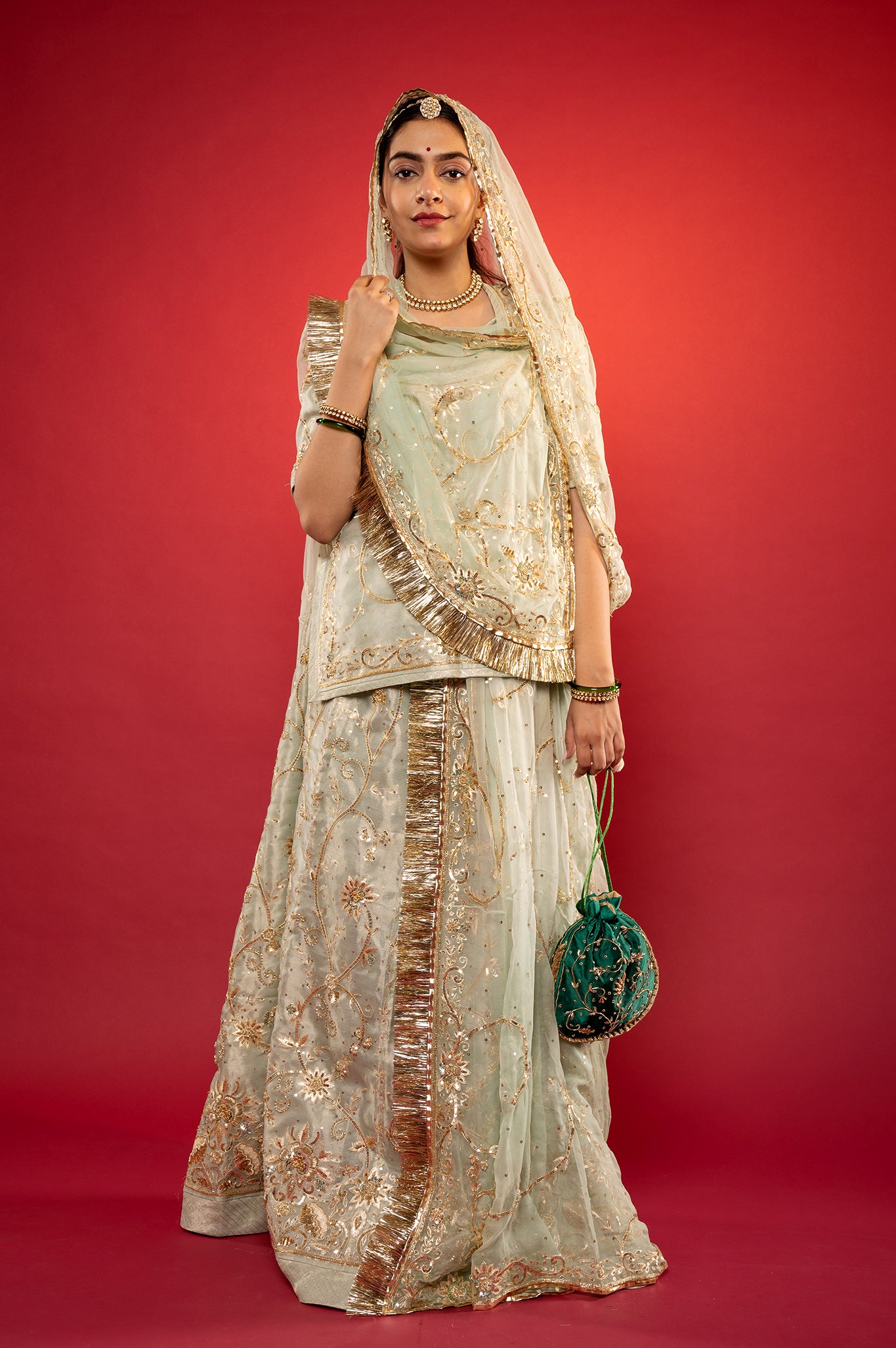 Sage Green Pure Tissue Aari Zardozi handwork rajputi Poshak  with Pure odhna