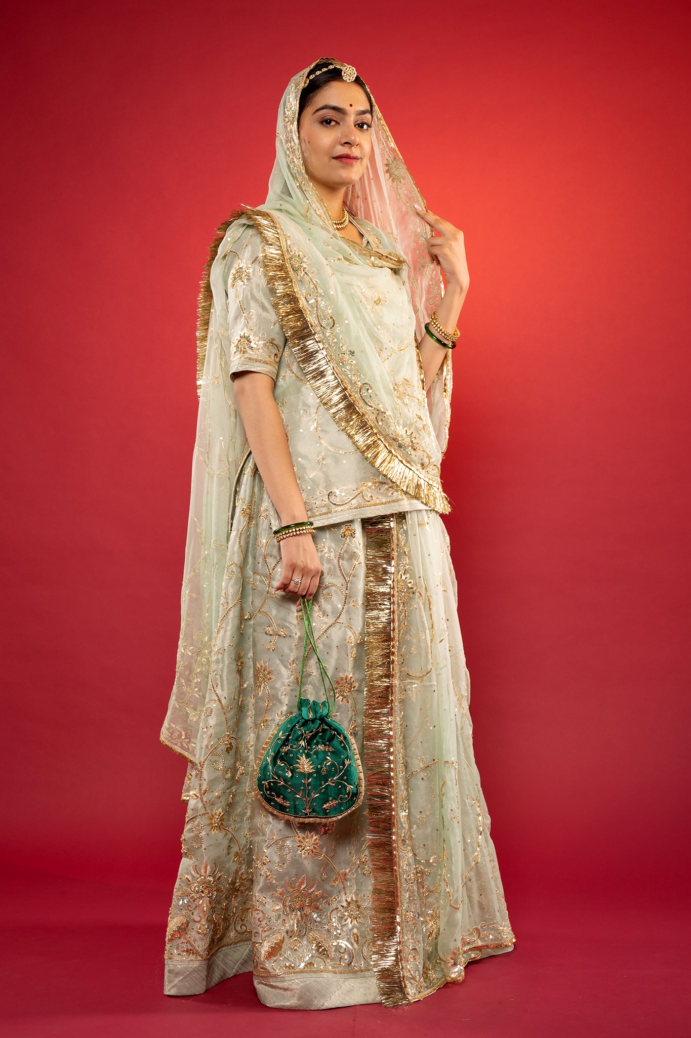 Sage Green Pure Tissue Aari Zardozi handwork rajputi Poshak  with Pure odhna