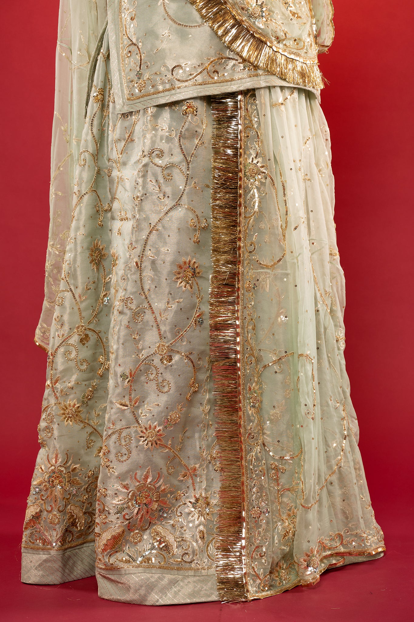 Sage Green Pure Tissue Aari Zardozi handwork rajputi Poshak  with Pure odhna