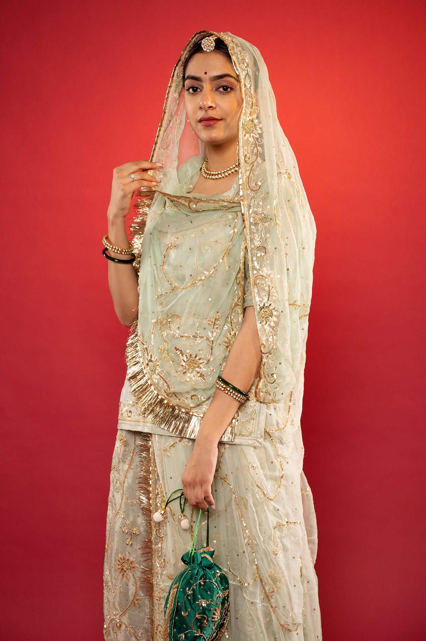 Sage Green Pure Tissue Aari Zardozi handwork rajputi Poshak  with Pure odhna