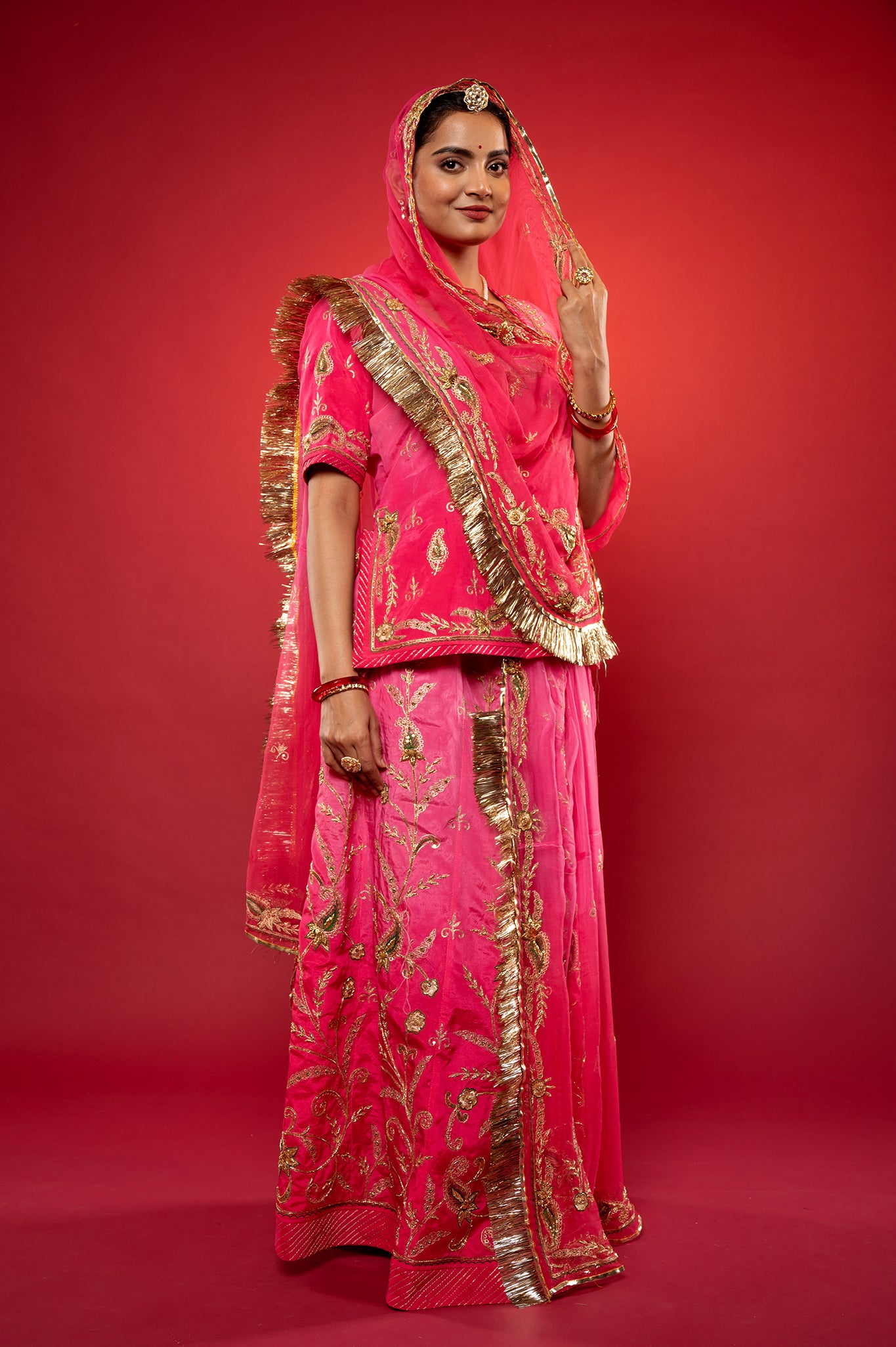 Gajri Pink light dark Bamber Satin Zardozi handwork rajputi Poshak  with Pure odhna