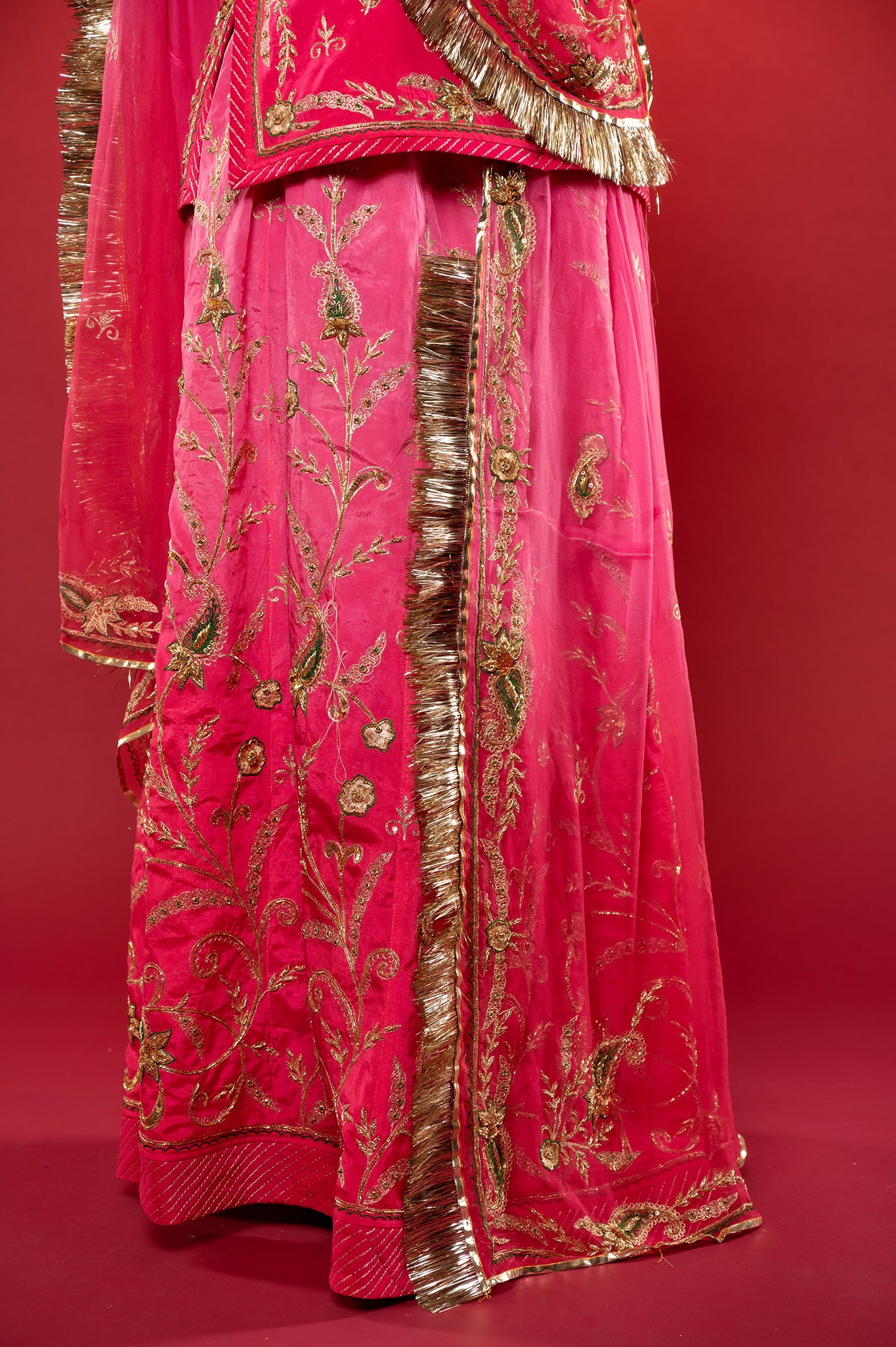 Gajri Pink light dark Bamber Satin Zardozi handwork rajputi Poshak  with Pure odhna