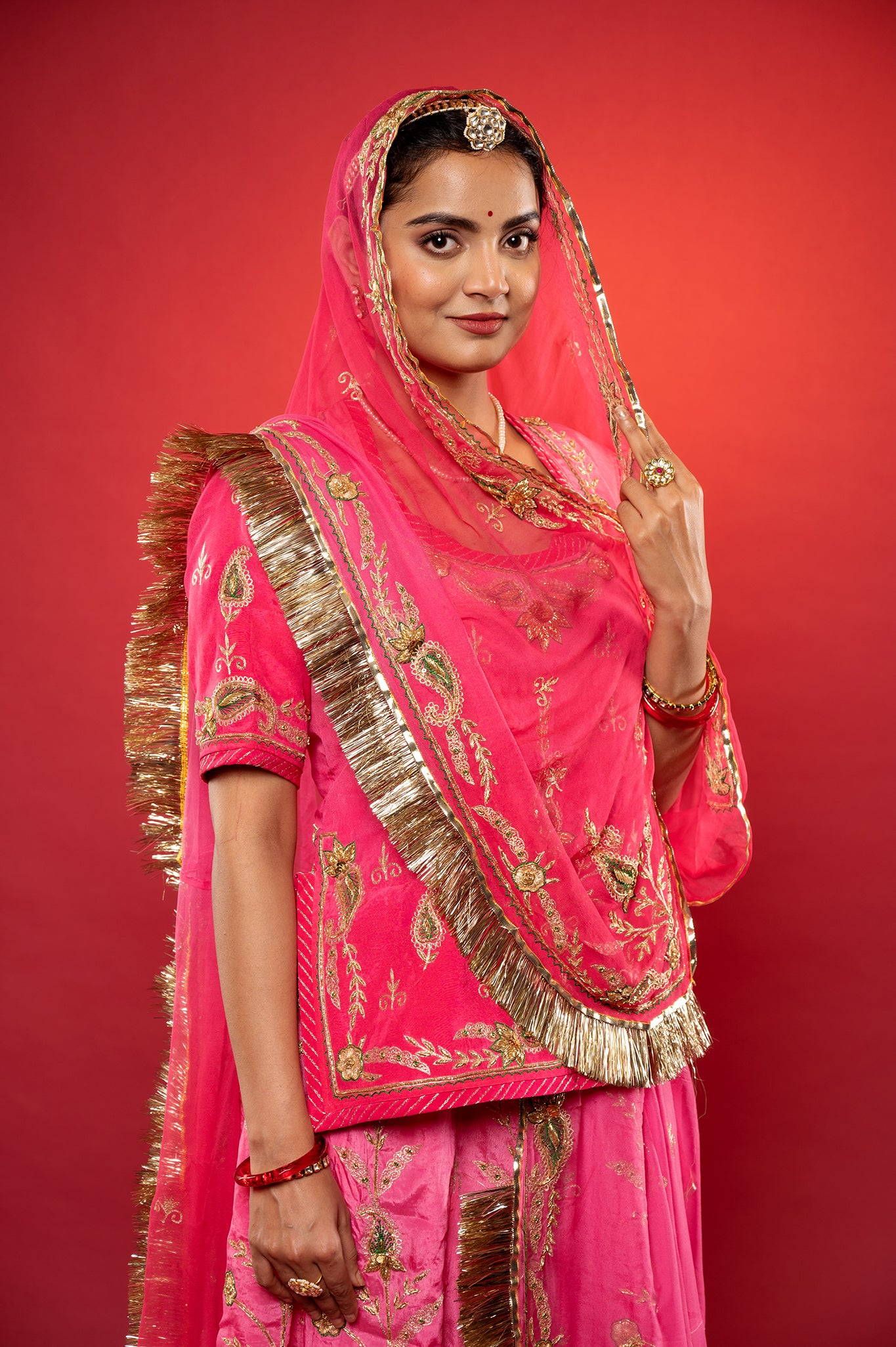 Gajri Pink light dark Bamber Satin Zardozi handwork rajputi Poshak  with Pure odhna