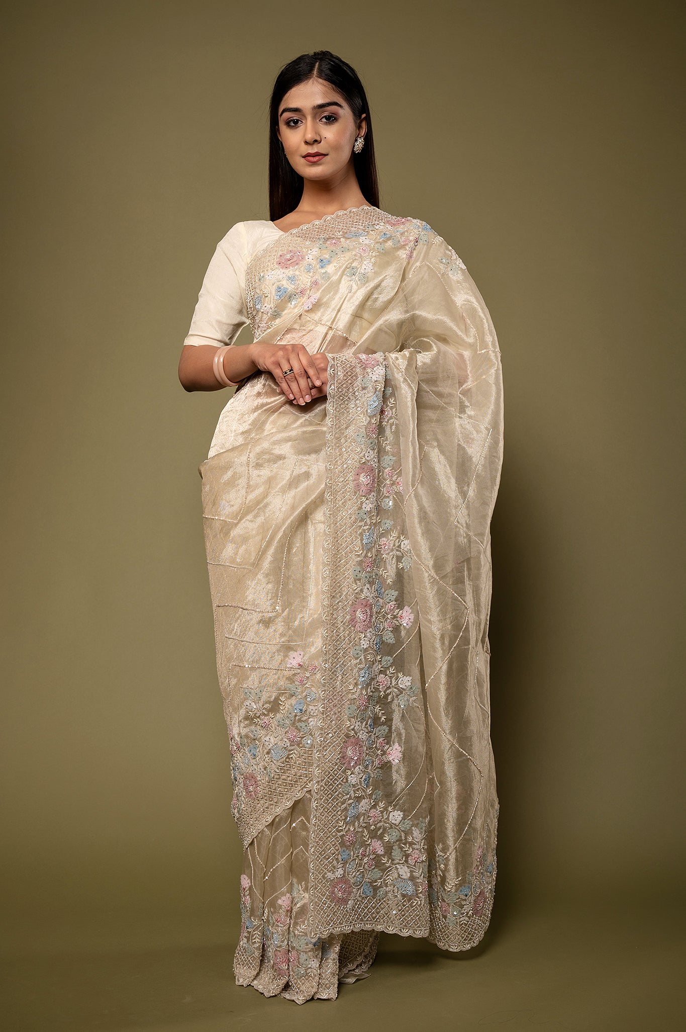 Creme Pure Tissue Kardana sequins  pearl border jaal handwork party wear saree