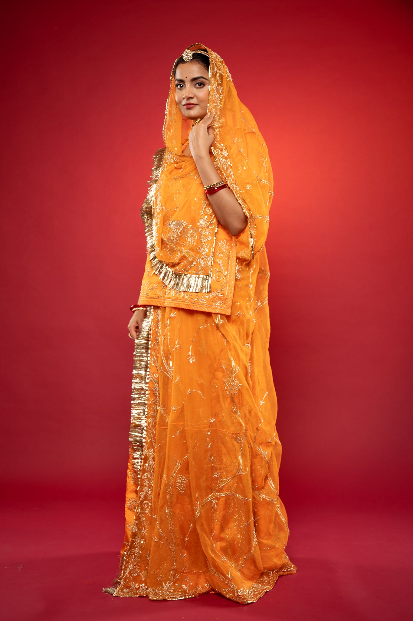 kesariya yellow bamber satin zardozi handwork rajputi Poshak  with Pure odhna