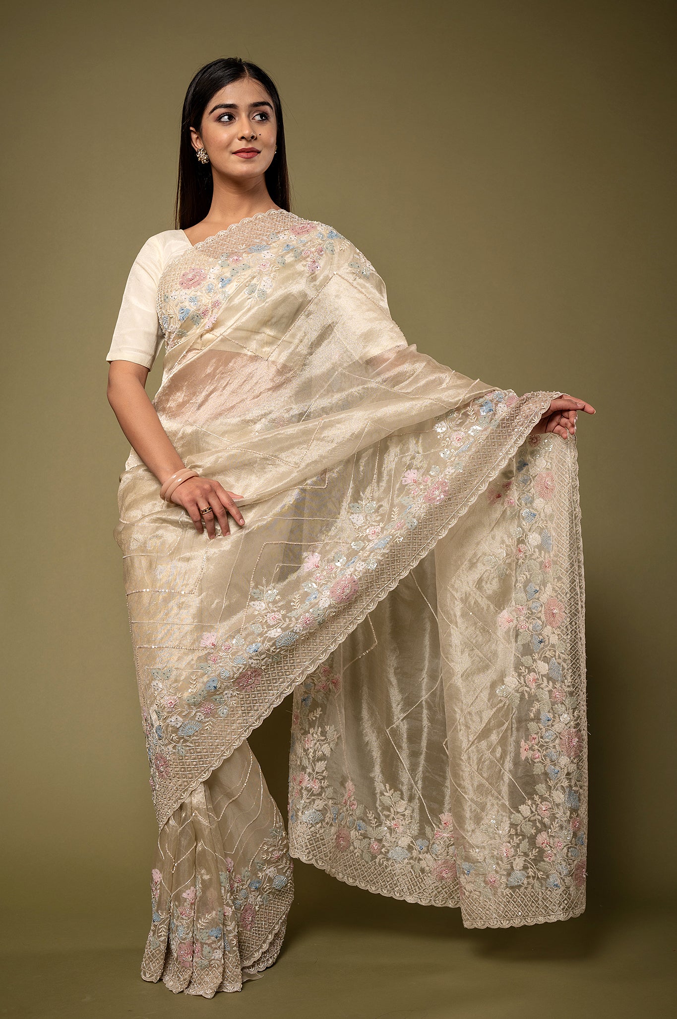 Creme Pure Tissue Kardana sequins  pearl border jaal handwork party wear saree