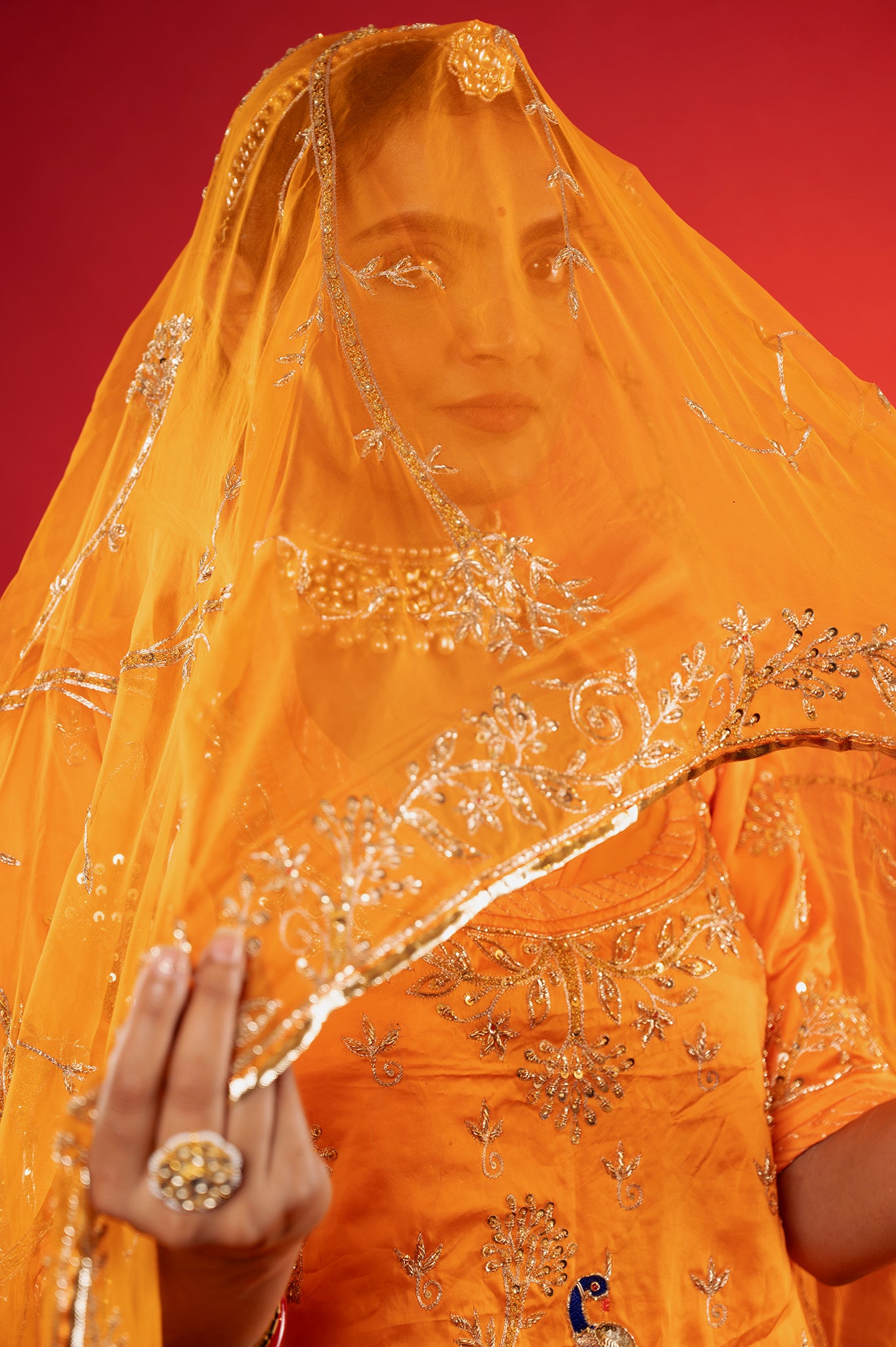 kesariya yellow bamber satin zardozi handwork rajputi Poshak  with Pure odhna