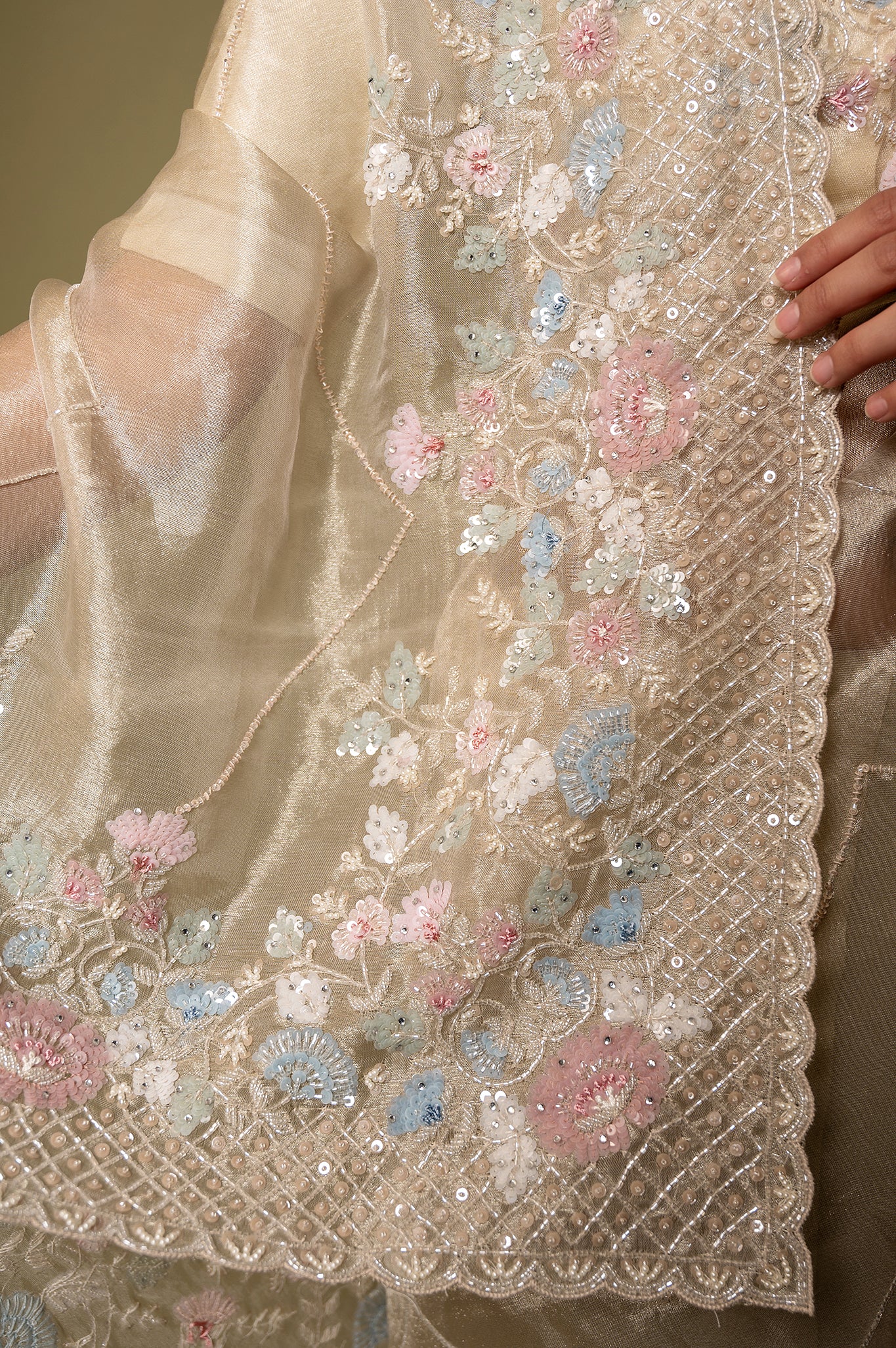 Creme Pure Tissue Kardana sequins  pearl border jaal handwork party wear saree