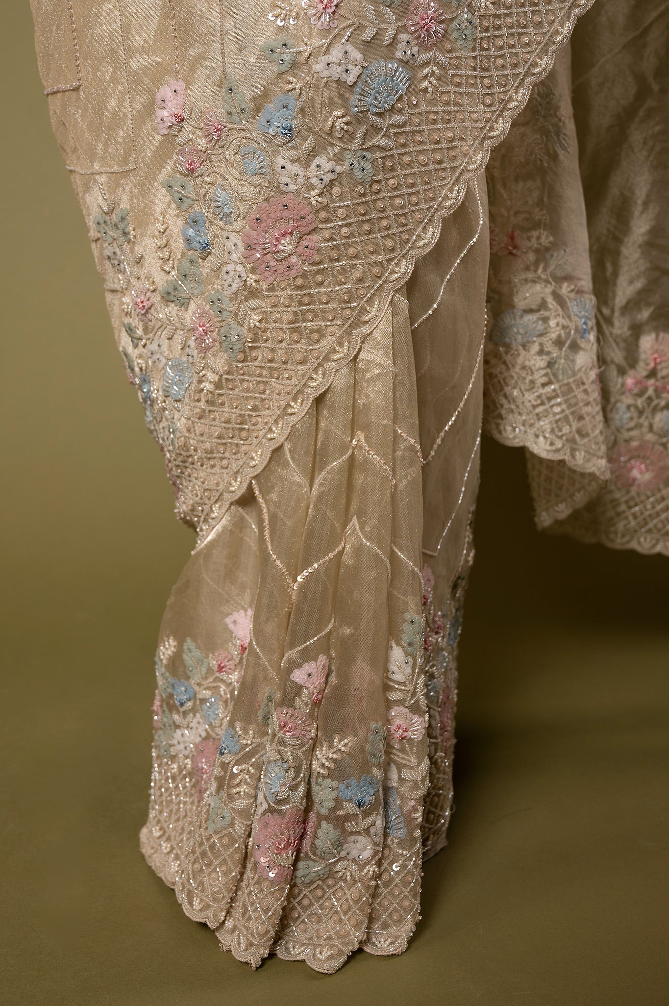 Creme Pure Tissue Kardana sequins  pearl border jaal handwork party wear saree