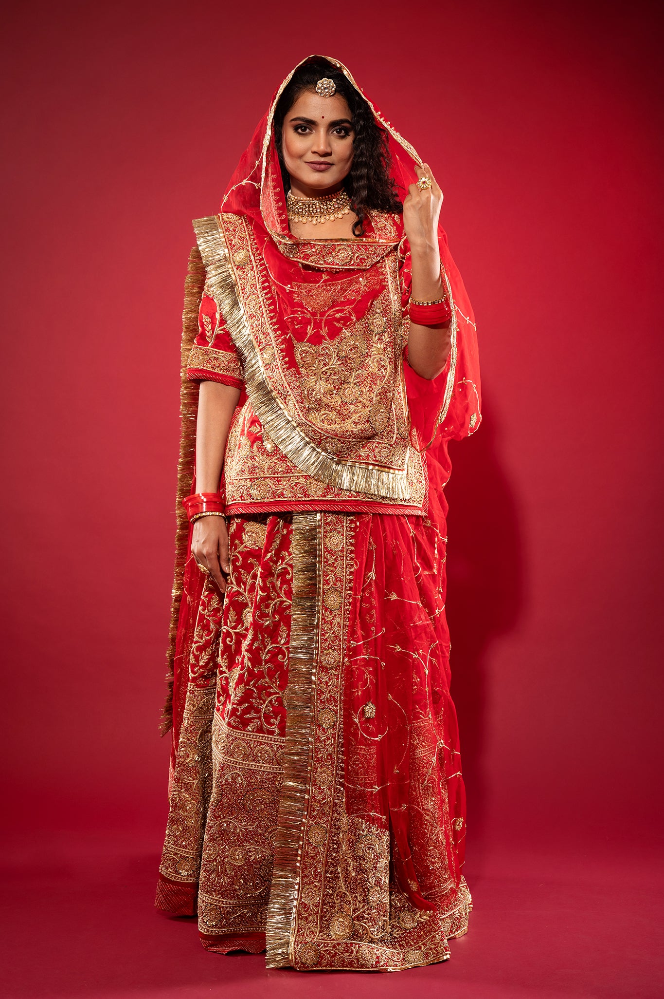 red Pure Silk Satin zardozi handwork rajputi Poshak  with Pure odhna