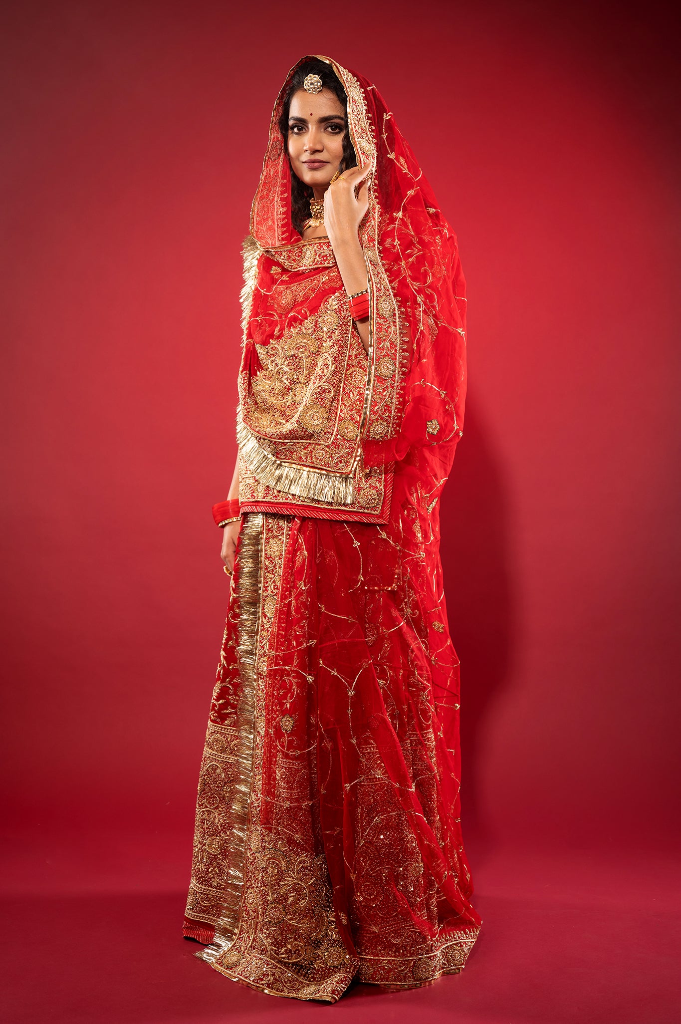 red Pure Silk Satin zardozi handwork rajputi Poshak  with Pure odhna