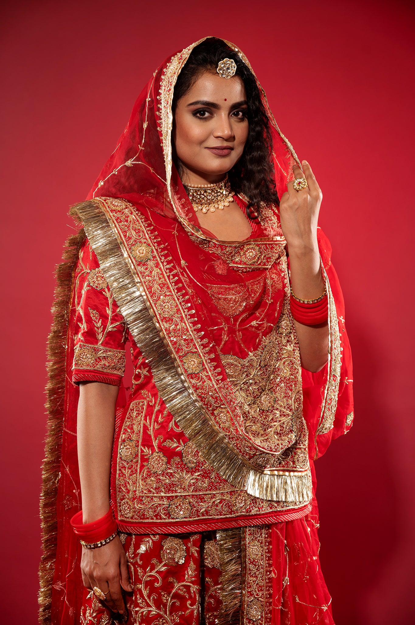 red Pure Silk Satin zardozi handwork rajputi Poshak  with Pure odhna