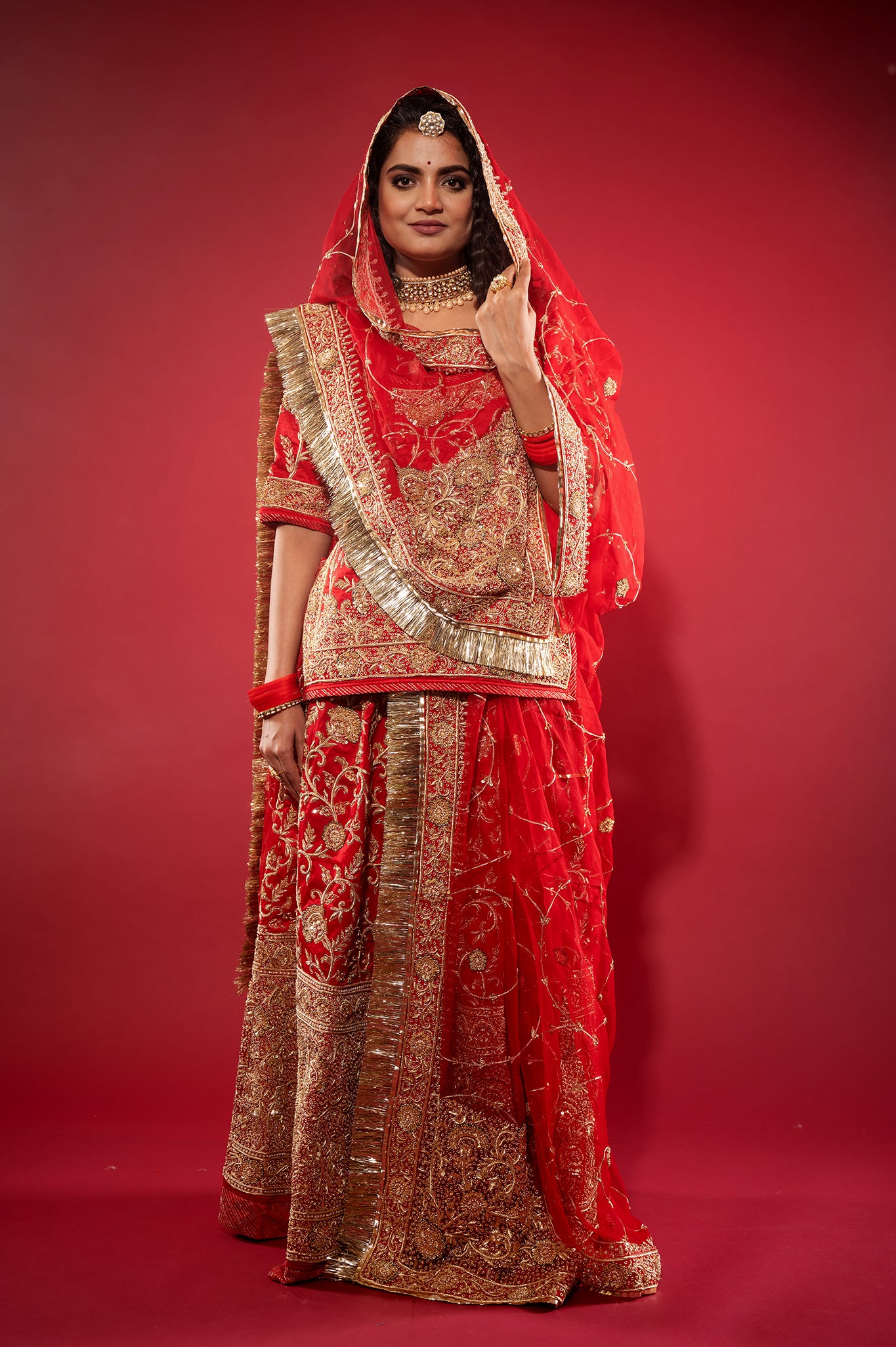 red Pure Silk Satin zardozi handwork rajputi Poshak  with Pure odhna