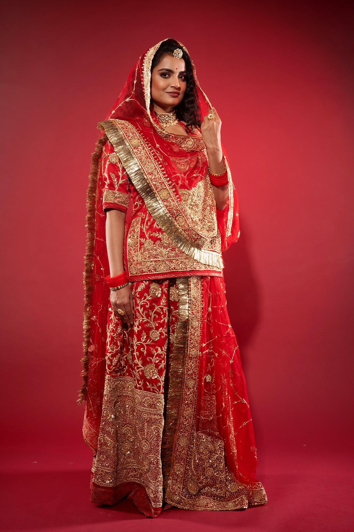 red Pure Silk Satin zardozi handwork rajputi Poshak  with Pure odhna