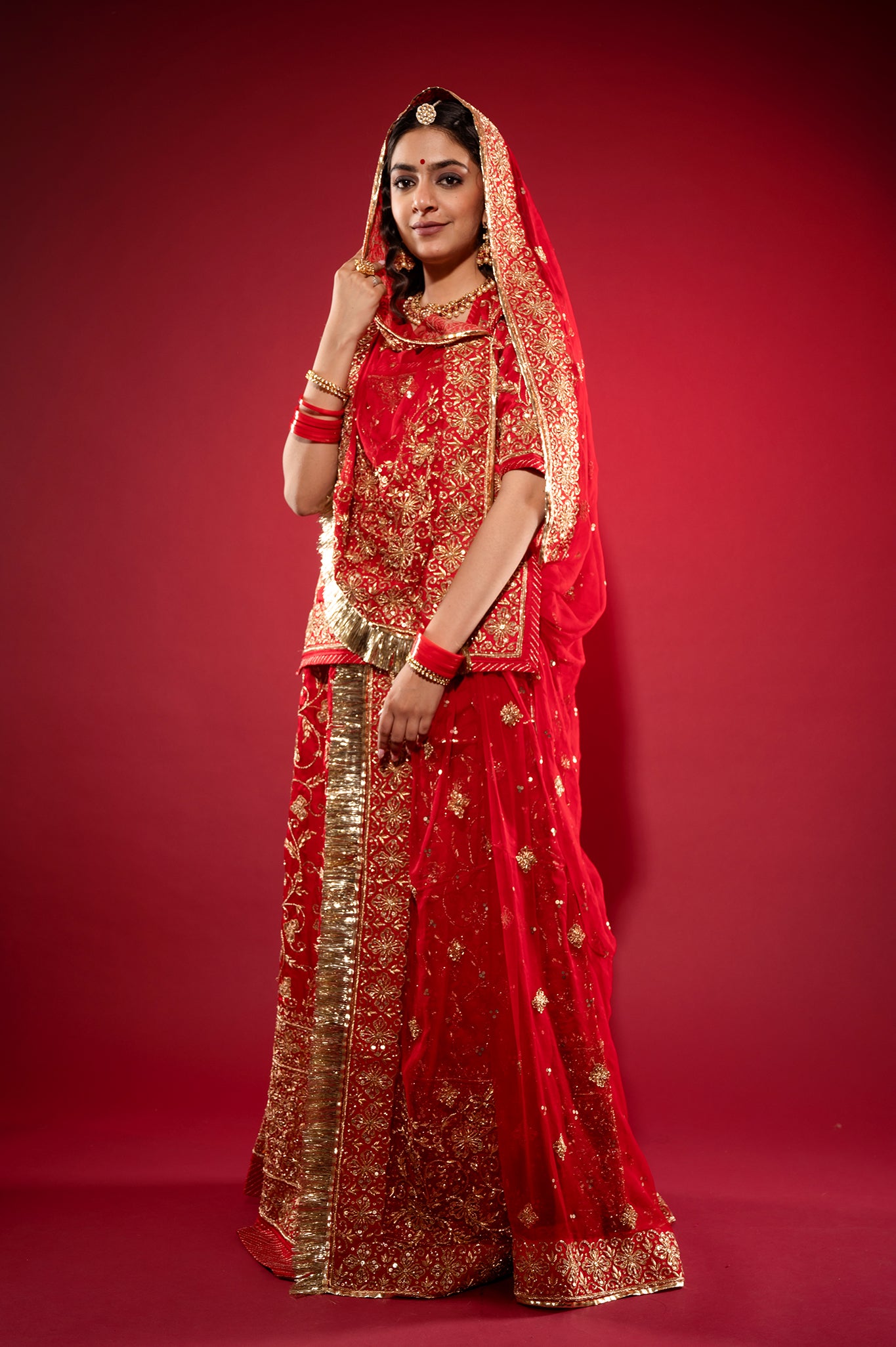 red Pure Silk Satin zardozi handwork rajputi Poshak  with Pure odhna