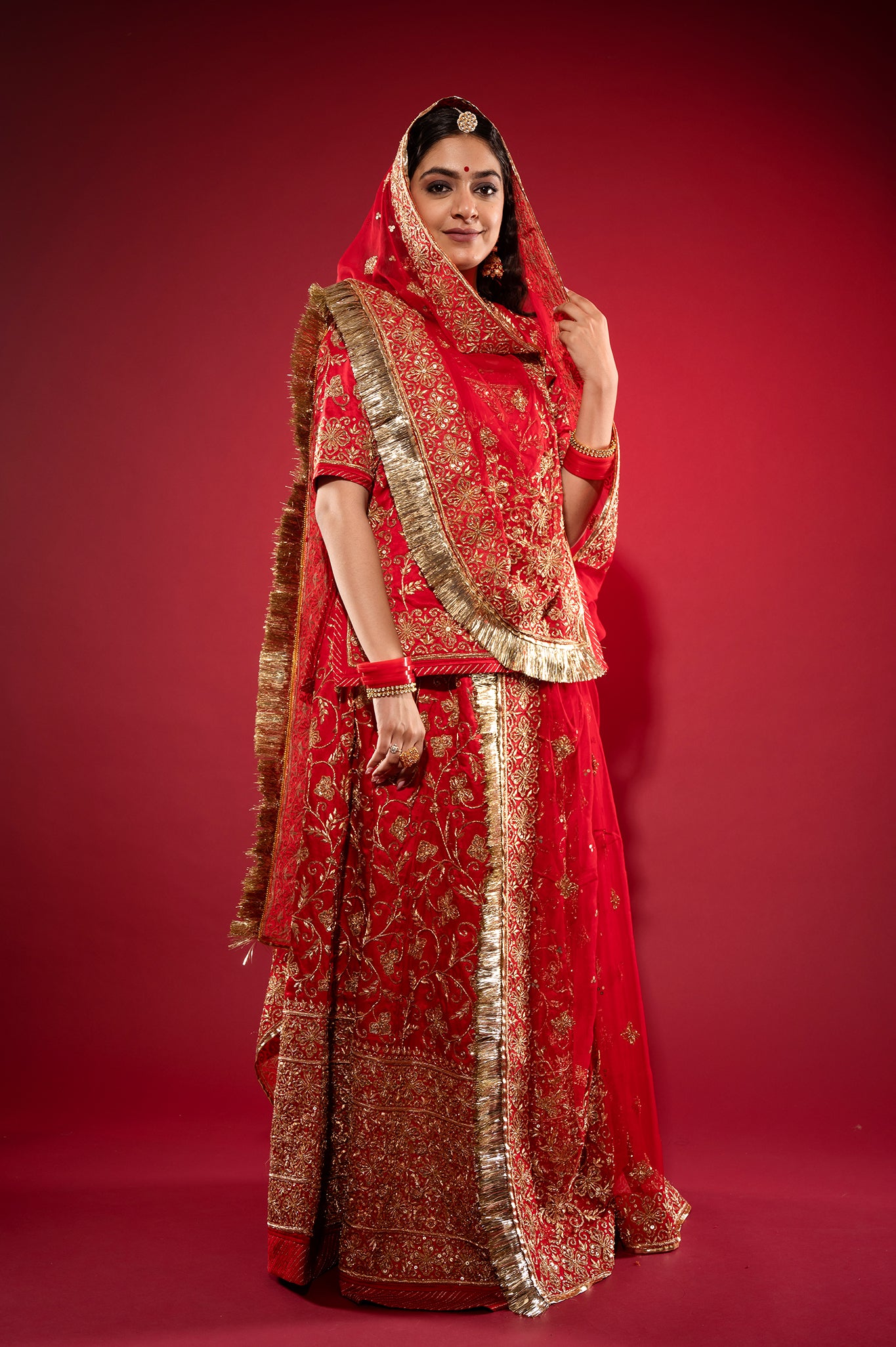 red Pure Silk Satin zardozi handwork rajputi Poshak  with Pure odhna