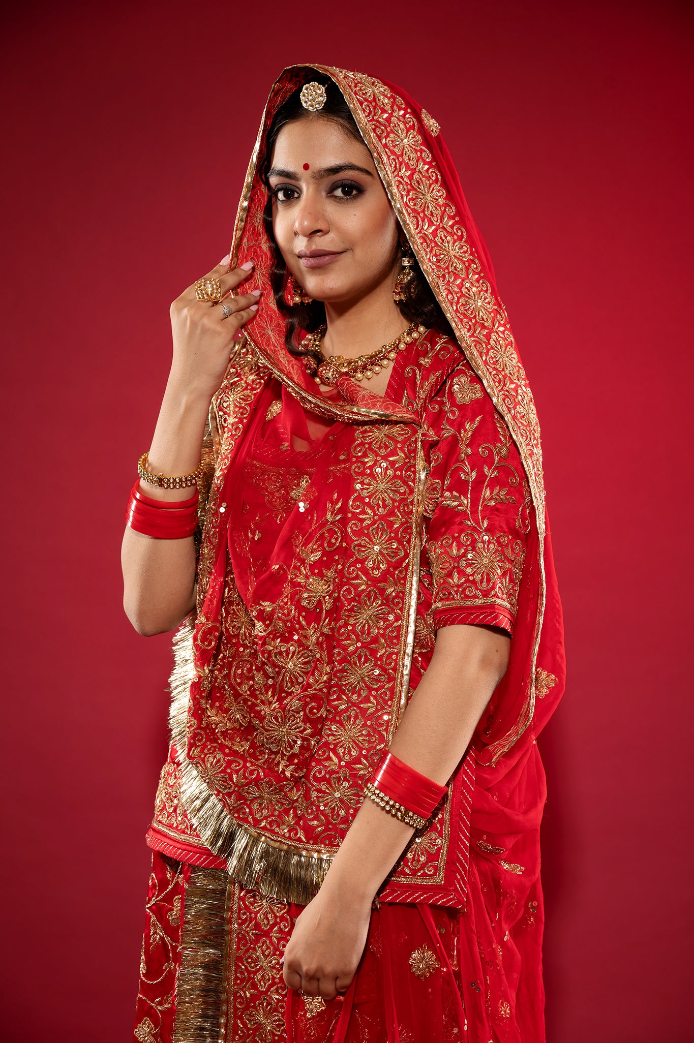 red Pure Silk Satin zardozi handwork rajputi Poshak  with Pure odhna