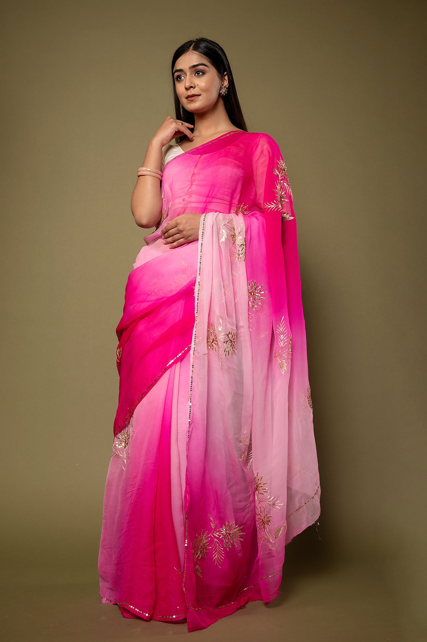 Pink light dark viscose chiffon aari sequins handwork casual wear saree