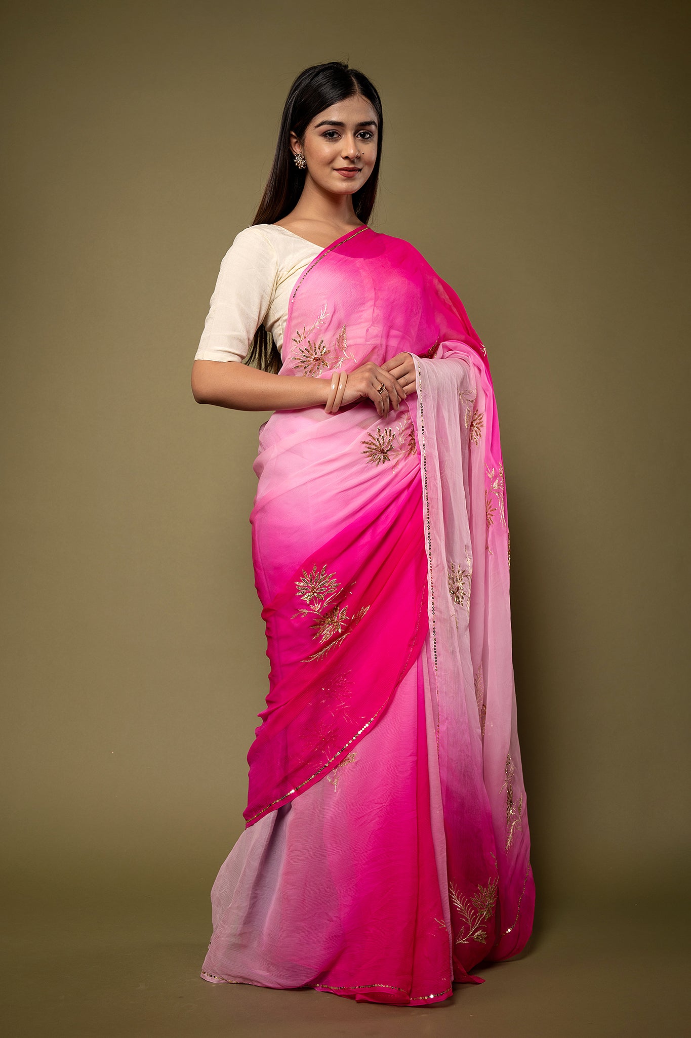 Pink light dark viscose chiffon aari sequins handwork casual wear saree