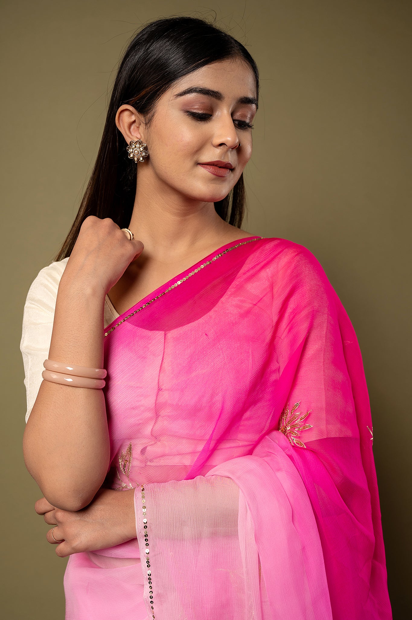 Pink light dark viscose chiffon aari sequins handwork casual wear saree