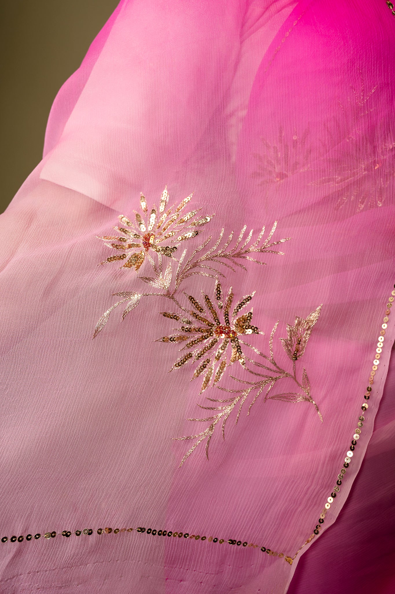 Pink light dark viscose chiffon aari sequins handwork casual wear saree